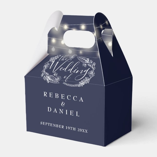 Navy Blue String Lights Floral Wedding Favor Boxes (Front Side)