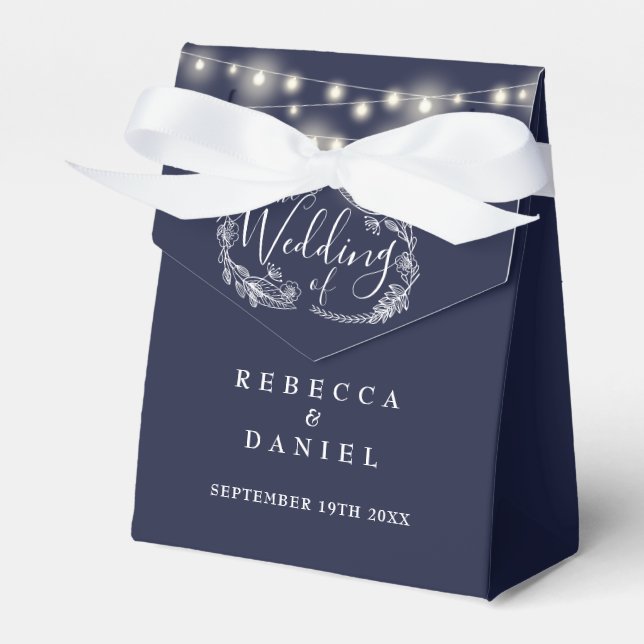 Navy Blue String Lights Floral Wedding Favor Boxes (Front Side)