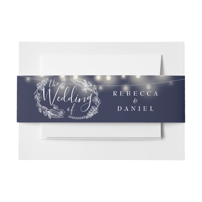 Navy Blue String Lights Floral Wedding Invitation Belly Band (Front Example)