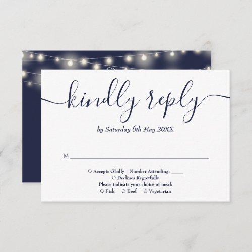 Navy Blue String Lights Floral Wedding RSVP Card
