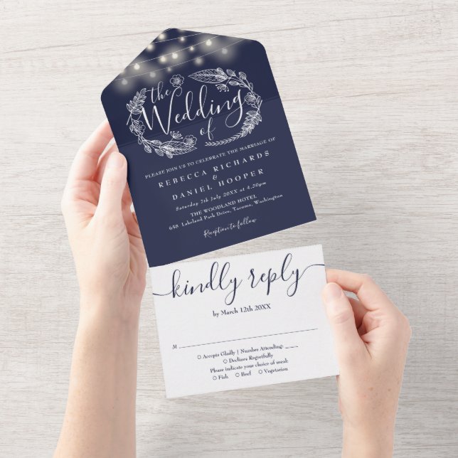 Navy Blue String Lights Foliage Wedding All In One Invitation (Tearaway)