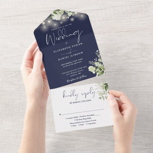 Navy Blue String Lights Greenery Monogram Wedding All In One Invitation