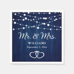 Navy Blue String Lights Hearts Rustic Wood Wedding Napkins