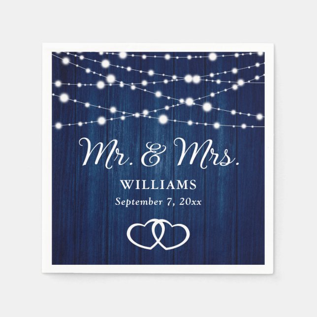 Navy Blue String Lights Hearts Rustic Wood Wedding Napkins (Front)