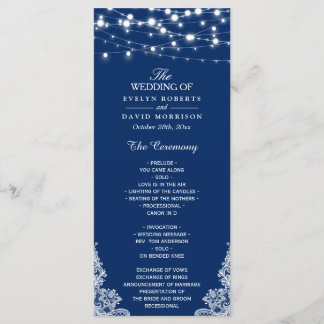 Navy Blue String Lights Lace Wedding Program
