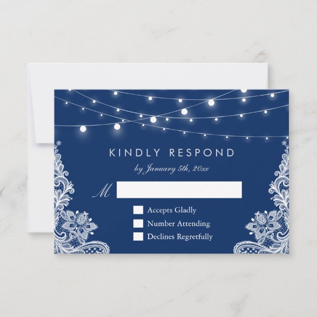 Navy Blue String Lights Lace Wedding RSVP Reply Card (Front)