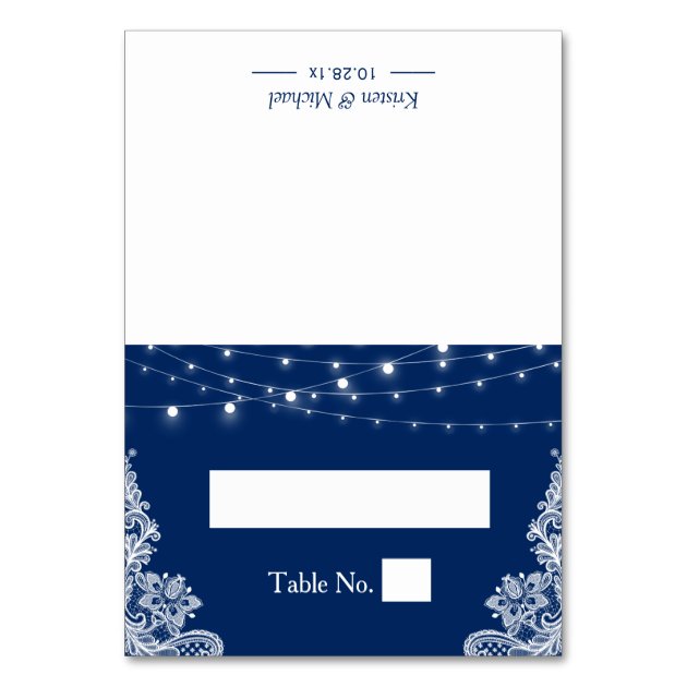 Navy Blue String Lights Lace Wedding Seating Place Card