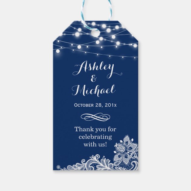 Navy Blue String Lights Lace Wedding Thank You Gift Tags