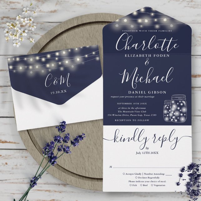 Navy Blue String Lights Mason Jars Wedding All In One Invitation (Navy Blue String Lights Mason Jars Wedding All In One Invitation)