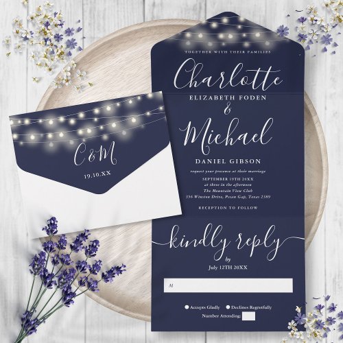 Navy Blue String Lights Modern Script Wedding All In One Invitation