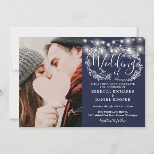 Navy Blue String Lights Photo All In One Wedding Invitation