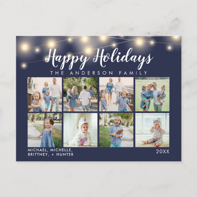 Navy Blue String Lights Photo Collage Holiday Postcard (Front)
