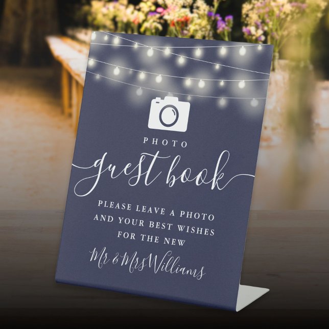 Navy Blue String Lights Photo Guest Book Pedestal Sign (Navy Blue String Lights Photo Guest Book Pedestal Sign)