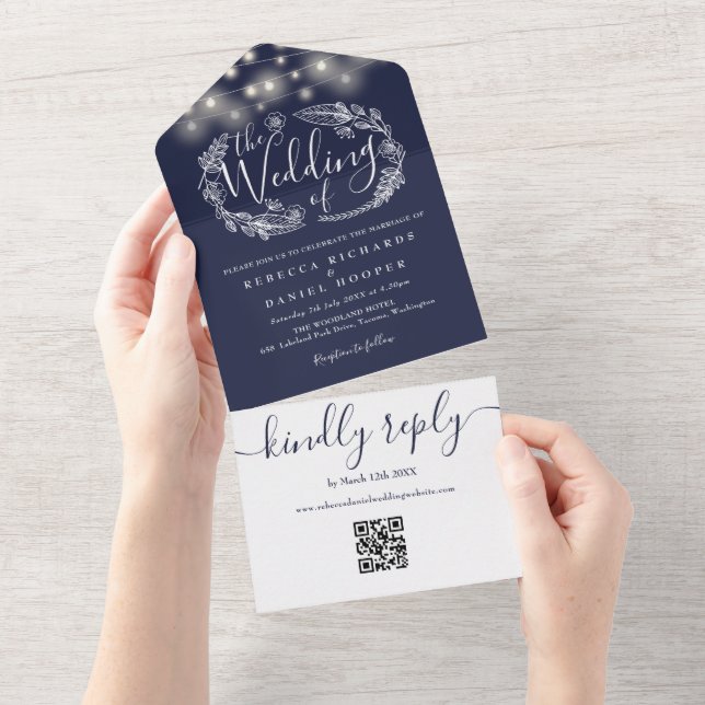 Navy Blue String Lights QR Code Wedding All In One Invitation (Tearaway)