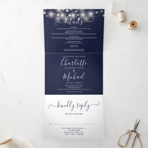 Navy Blue String Lights Script Monogram Wedding Tri_Fold Invitation