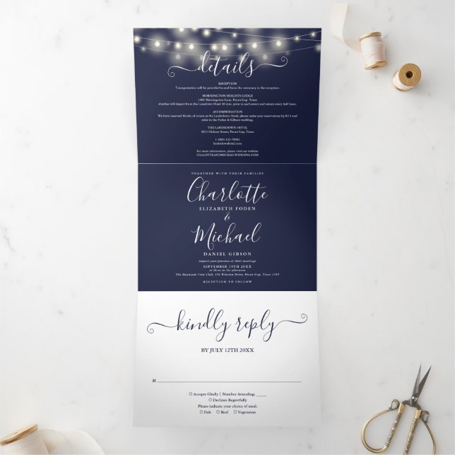 Navy Blue String Lights Script Monogram Wedding Tri-Fold Invitation (Inside)