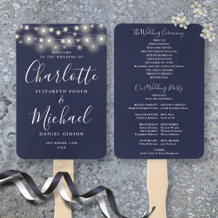 Navy Blue String Lights Script Wedding Program Hand Fan