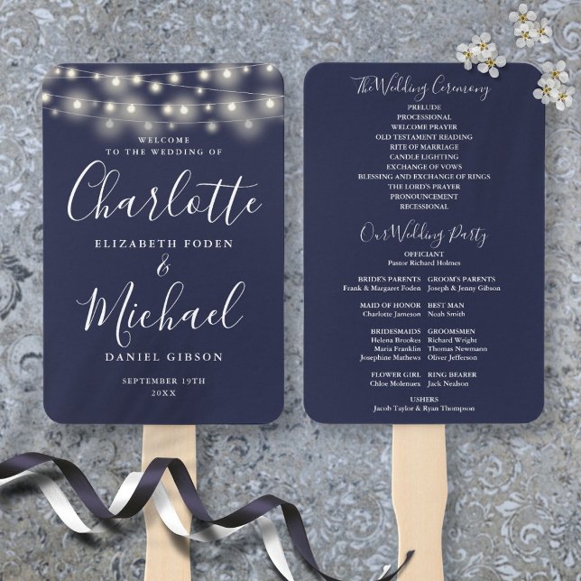 Navy Blue String Lights Script Wedding Program Hand Fan (Navy Blue String Lights Script Wedding Program Hand Fan)