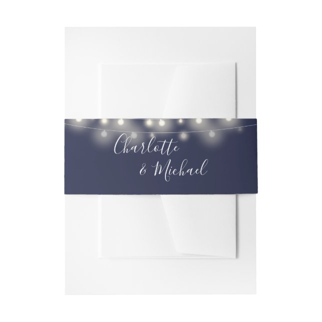 Navy Blue String Lights Signature Script Invitation Belly Band (Front Example)