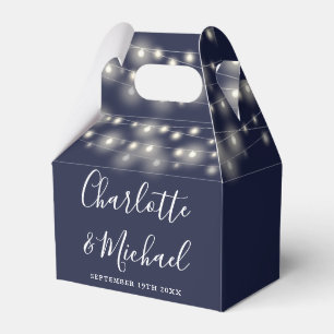 Navy Blue String Lights Signature Script Wedding Favor Boxes