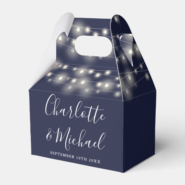 Navy Blue String Lights Signature Script Wedding Favor Boxes (Front Side)