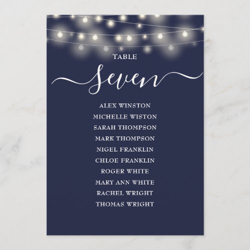 Navy Blue String Lights Table Number Seating Chart