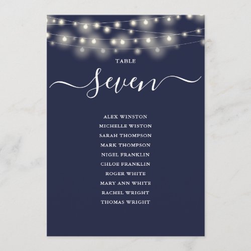 Navy Blue String Lights Table Number Seating Chart
