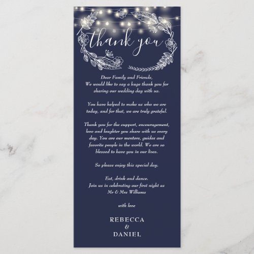 Navy Blue String Lights Thank You Place Card