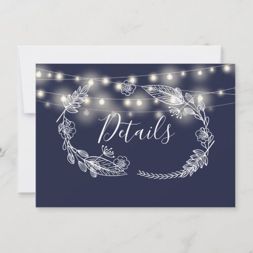 Navy Blue String Lights Wedding Details Card