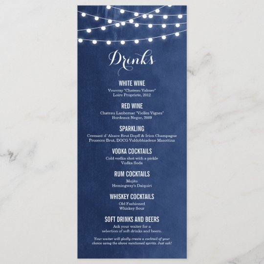 navy blue string lights wedding drink menu card zazzle com wedding drink menus