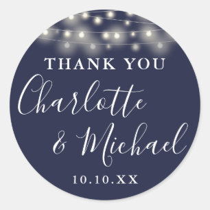 Navy Blue String Lights Wedding Favor Thank You Classic Round Sticker