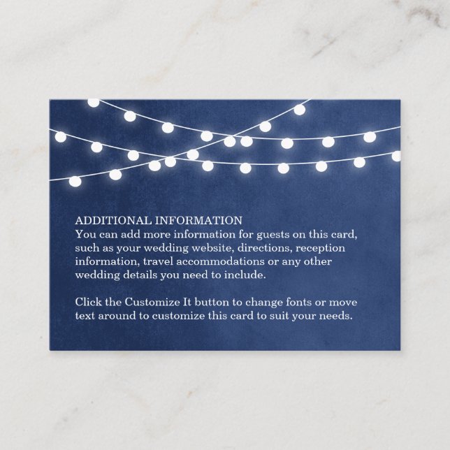 Navy Blue String Lights Wedding Insert Card (Front)