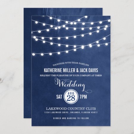 Navy Blue String Lights Wedding Invitation
