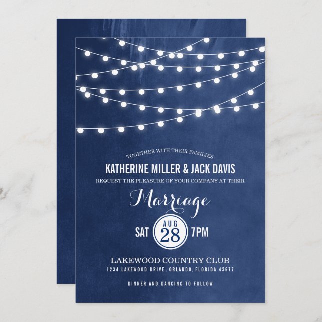 Navy Blue String Lights Wedding Invitation (Front/Back)