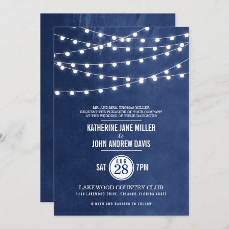 Navy Blue String Lights Wedding Invitation