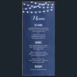 Navy Blue String Lights Wedding Menu Card<br><div class="desc">Chic modern summer wedding menu card design with simple elegant glowing string lights hanging across the top and a classy mix of modern and calligraphy script fonts on a printed faux watercolor texture background. A simple and stylish preppy design, perfect for summer! Click the CUSTOMIZE IT button to customize fonts,...</div>