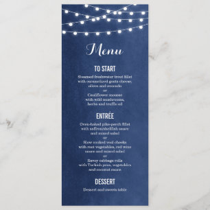 Navy Blue String Lights Wedding Menu Card