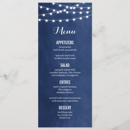 Navy Blue String Lights Wedding Menu Card