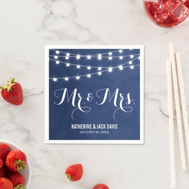 Navy Blue String Lights Wedding Monogram Napkins (Insitu)