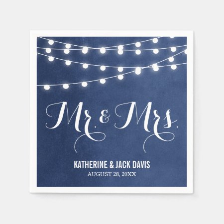 Navy Blue String Lights Wedding Monogram Napkins