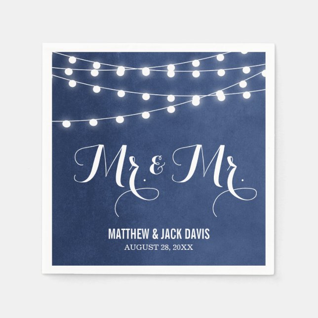 Navy Blue String Lights Wedding Monogram Paper Napkins (Front)