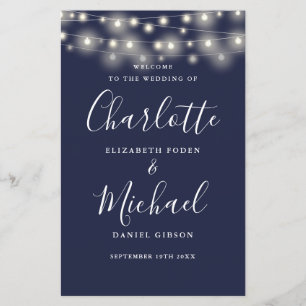 Navy Blue String Lights Wedding Program