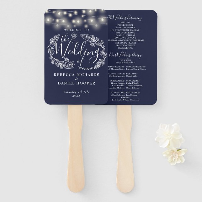 Navy Blue String Lights Wedding Program Hand Fan (Front and Back)