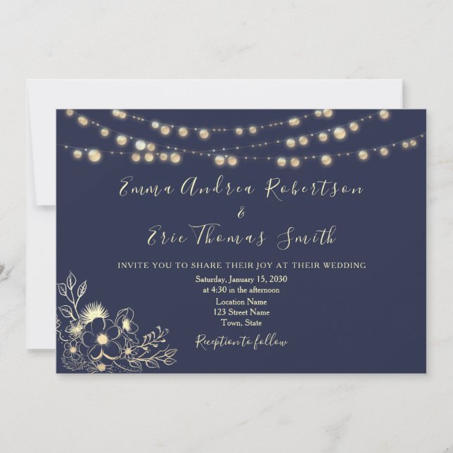Navy Blue String Lights Wedding QR Code Invitation (Front)