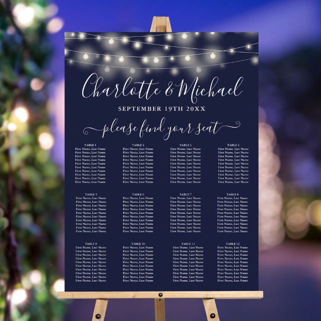 Navy Blue String Lights Wedding Seating Chart Foam Board (Navy Blue String Lights Wedding Seating Chart Foam Board)