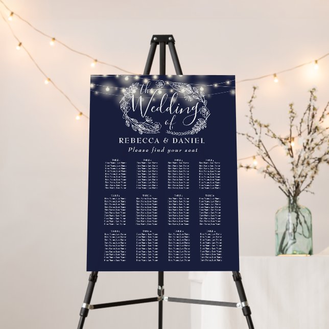 Navy Blue String Lights Wedding Seating Plan Foam Board (In Situ (Stand))