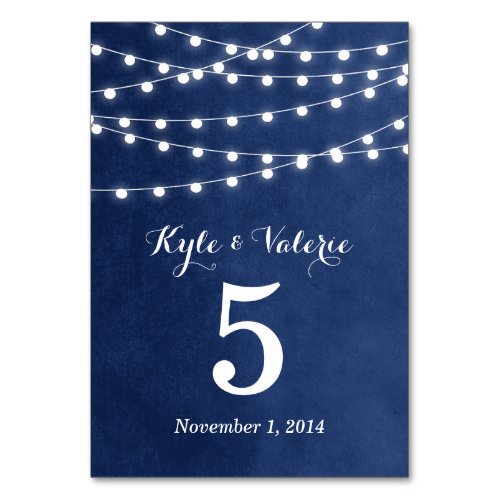 Navy Blue String Lights Wedding Table Numbers