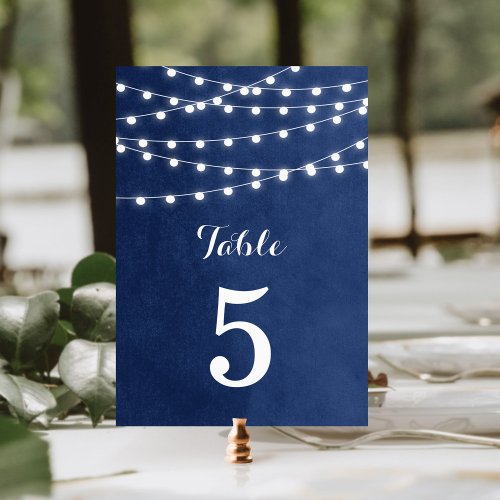 Navy Blue String Lights Wedding Table Numbers