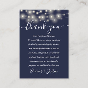 Navy Blue String Lights Wedding Thank You Place  Card