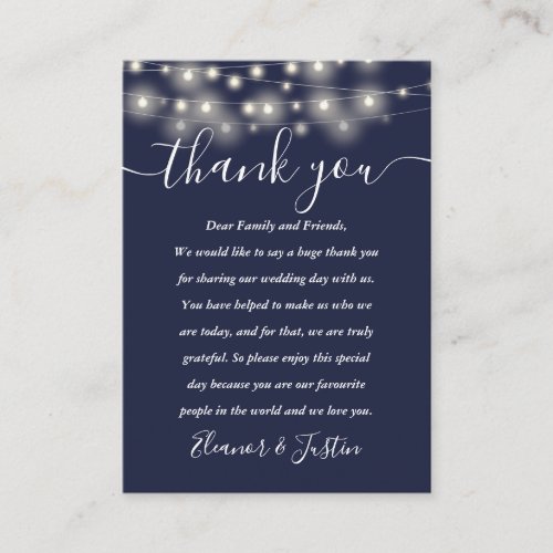 Navy Blue String Lights Wedding Thank You Place  Place Card